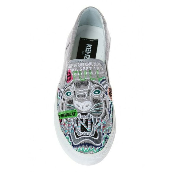 Kenzo Shoes - KENZO Flyer Tiger Gray Cotton Leather Slip-on Sneakers Size 8.5